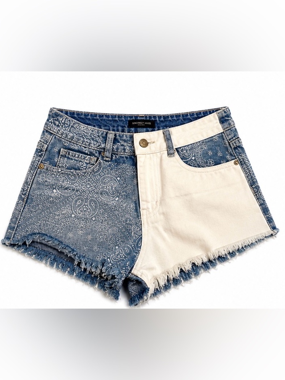 Sincerely Jules Denim Shorts Women’s 27 Paisley Color Block Frayed Festival
